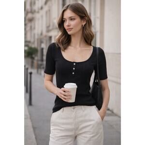 Unsubscribed Ribbed Henley Top S Black Scoop Neck Stretch Fitted Tee Minimalist